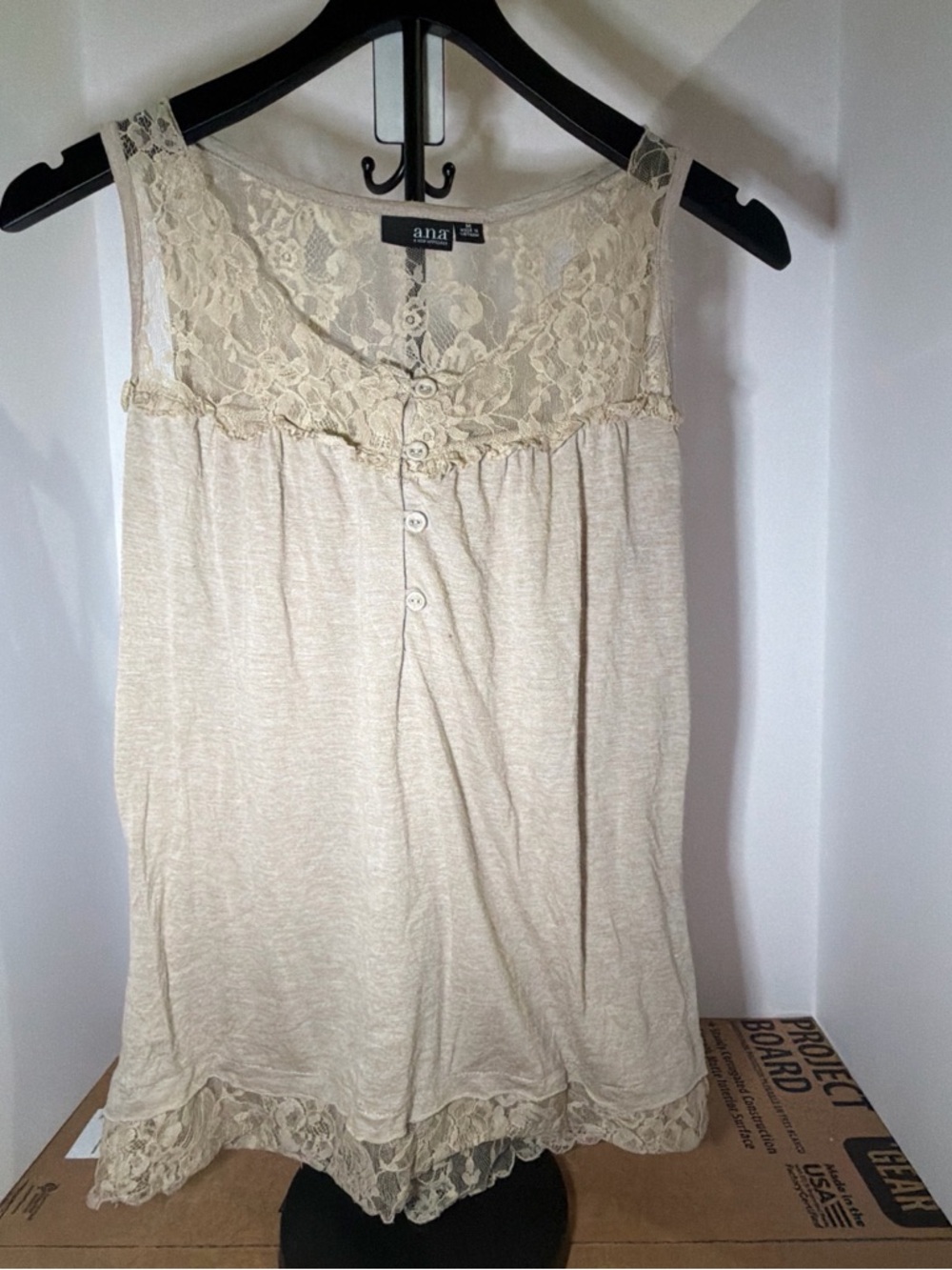 ANA Lace Trim Cream Sleeveless Top